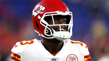 BALTIMORE, MARYLAND - SEPTEMBER 19: Byron Pringle #13 of the Kansas City Chiefs looks on prior to the game against the Baltimore Ravens at M&T Bank Stadium on September 19, 2021 in Baltimore, Maryland. (Photo by Rob Carr/Getty Images)