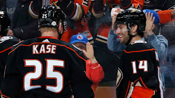 ANAHEIM, CA - FEBRUARY 11: Adam Henrique #14 and Ondrej Kase #25 of the Anaheim Ducks celebrate a goal in the third period of the game against the San Jose Sharks on February 11, 2018 at Honda Center in Anaheim, California. (Photo by Debora Robinson/NHLI via Getty Images)