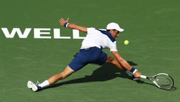 INDIAN WELLS, CA - MARCH 11: Novak Djokovic of Serbia plays a shot during his match against Taro Daniel of Japan during the BNP Paribas Open at the Indian Wells Tennis Garden of the Czech Republic on March 11, 2018 in Indian Wells, California. (Photo by Adam Pretty/Getty Images)