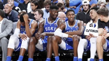 INDIANAPOLIS, IN - NOVEMBER 06: Zion Williamson #1 and RJ Barrett #5 of the Duke Blue Devils talk while on the bench during the State Farm Champions Classic against the Kentucky Wildcats at Bankers Life Fieldhouse on November 6, 2018 in Indianapolis, Indiana. Duke defeated Kentucky 118-84. (Photo by Joe Robbins/Getty Images)