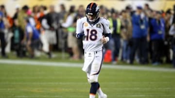 Feb 7, 2016; Santa Clara, CA, USA; Denver Broncos quarterback Peyton Manning (18) runs onto the field during the fourth quarter against the Carolina Panthers in Super Bowl 50 at Levi