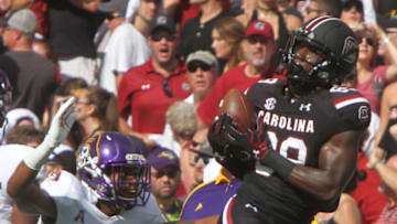 COLUMBIA,SC - SEPTEMBER 17: Receiver Bryan Edwards #89 of the South Carolina Gamecocks makes the catch as Cornerback Colby Gore #26 of the East Carolina Pirates tries to cover during the first quarter at Williams-Brice Stadium on September 17, 2016 in Columbia, South Carolina. (Photo by Mary Ann Chastain/ Getty Images)