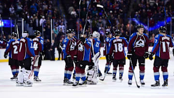 Jan 6, 2017; Denver, CO, USA; Members of the Colorado Avalanche celebrate the overtime period win over the New York Islanders at the Pepsi Center. The Avalanche defeated the Islanders 2-1 in overtime. Mandatory Credit: Ron Chenoy-USA TODAY Sports