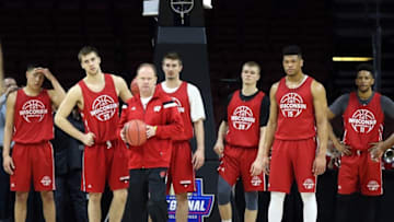 Mar 24, 2016; Philadelphia , PA, USA; Wisconsin Badgers head coach Greg Gard directs his team during practice the day before the semifinals of the East regional of the NCAA Tournament at Wells Fargo Center. Mandatory Credit: Bill Streicher-USA TODAY Sports