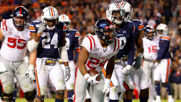 AUBURN, ALABAMA - NOVEMBER 02: Snoop Conner #24 of the Mississippi Rebels reacts after rushing for a touchdown against the Auburn Tigers in the second half at Jordan-Hare Stadium on November 02, 2019 in Auburn, Alabama. (Photo by Kevin C. Cox/Getty Images)