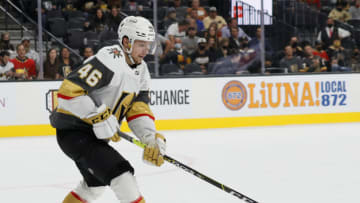 LAS VEGAS, NEVADA - OCTOBER 01: Jonas Rondbjerg #46 of the Vegas Golden Knights skates with the puck against the Los Angeles Kings in the second period of their preseason game at T-Mobile Arena on October 1, 2021 in Las Vegas, Nevada. The Golden Knights defeated the Kings 4-0. (Photo by Ethan Miller/Getty Images)