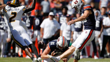 Auburn footballSep 24, 2022; Auburn, Alabama, USA; Auburn Tigers place kicker Anders Carlson (26) kicks the game winning field goal during the first overtime against the Missouri Tigers at Jordan-Hare Stadium. Mandatory Credit: John Reed-USA TODAY Sports