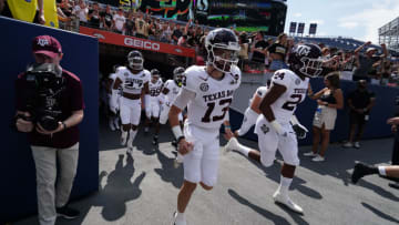 Sep 11, 2021; Denver, Colorado, USA; Texas A&M Aggies quarterback Haynes King (13) heads to the field before the game against the Colorado Buffaloes at Empower Field at Mile High. Mandatory Credit: Ron Chenoy-USA TODAY Sports