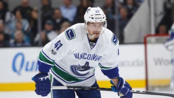 SAN JOSE, CA - MARCH 02: Sven Baertschi #47 of the Vancouver Canucks looks on during the game against the San Jose Sharks at SAP Center on March 2, 2017 in San Jose, California. (Photo by Rocky W. Widner/NHL/Getty Images)