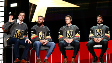 LAS VEGAS, NV - JUNE 21: (L-R) Marc-Andre Fleury, Deryk Engelland, Brayden McNabb and Jason Garrison speak onstage during the Vegas Golden Knights Round Table Rally after the 2017 NHL Awards