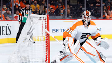 PHILADELPHIA, PENNSYLVANIA - OCTOBER 20: Martin Jones #35 of the Philadelphia Flyers looks on during the third period against the Boston Bruins at Wells Fargo Center on October 20, 2021 in Philadelphia, Pennsylvania. (Photo by Tim Nwachukwu/Getty Images)