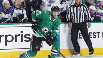 DALLAS, TX - APRIL 29: Jason Dickinson #16 of the Dallas Stars handles the puck against the St. Louis Blues in Game Three of the Western Conference Second Round during the 2019 NHL Stanley Cup Playoffs at the American Airlines Center on April 29, 2019 in Dallas, Texas. (Photo by Glenn James/NHLI via Getty Images)