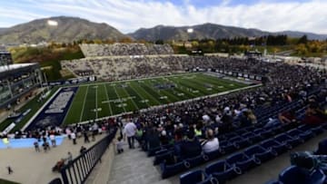 Oct 25, 2014; Logan, UT, USA; General view of Romney Stadium during the fourth quarter of the game between the Utah State Aggies against the UNLV Rebels. The Aggies defeated the Rebels 34-20. Mandatory Credit: Ron Chenoy-USA TODAY Sports