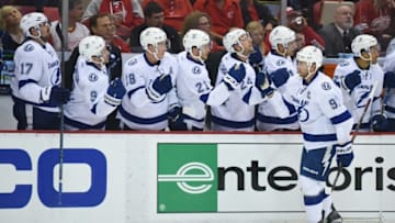 Nov 15, 2016; Detroit, MI, USA; Tampa Bay Lightning center Steven Stamkos (91) celebrates his goal with teammates during the first period against the Detroit Red Wings at Joe Louis Arena. Mandatory Credit: Tim Fuller-USA TODAY Sports