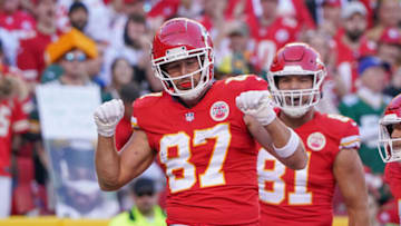 Nov 7, 2021; Kansas City, Missouri, USA; Kansas City Chiefs tight end Travis Kelce (87) celebrates after scoring against the Green Bay Packers during the first half at GEHA Field at Arrowhead Stadium. Mandatory Credit: Denny Medley-USA TODAY Sports