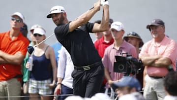 Sep 24, 2016; Atlanta, GA, USA; Dustin Johnson tees off the sixth hole during the third round of the Tour Championship at East Lake Golf Club. Mandatory Credit: Brett Davis-USA TODAY Sports