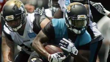 Jun 17, 2014; Jacksonville, FL, USA; Jacksonville Jaguars running back Storm Johnson (34) carries the ball during the first day of minicamp at Florida Blue Health and Wellness Practice Fields. Mandatory Credit: Phil Sears-USA TODAY Sports