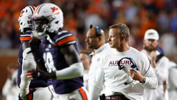 Auburn footballOct 1, 2022; Auburn, Alabama, USA; Auburn Tigers head coach Bryan Harsin watches his team during the third quarter against the LSU Tigers at Jordan-Hare Stadium. Mandatory Credit: John Reed-USA TODAY Sports