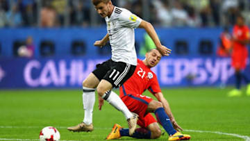 SAINT PETERSBURG, RUSSIA - JULY 02: Timo Werner of Germany steals the ball off Marcelo Diaz of Chile, which leads to Lars Stindl of Germany scoring his sides first goal during the FIFA Confederations Cup Russia 2017 Final between Chile and Germany at Saint Petersburg Stadium on July 2, 2017 in Saint Petersburg, Russia. (Photo by Dean Mouhtaropoulos/Getty Images)