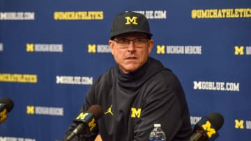 ANN ARBOR, MICHIGAN - OCTOBER 29: Head Football Coach Jim Harbaugh of the Michigan Wolverines speaks to the press after a college football game against the Michigan State Spartans at Michigan Stadium on October 29, 2022 in Ann Arbor, Michigan. The Michigan Wolverines won the game 29-7 over the Michigan State Spartans. (Photo by Aaron J. Thornton/Getty Images)