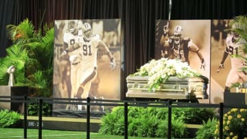 Apr 15, 2016; Metairie, LA, USA; A view of the casket of Will Smith during visitation hosted by the New Orleans Saints and the family of Will Smith for former NFL teammates, fans and guests wishing to pay their final respects to Will Smith at the Saints indoor practice facility. Mandatory Credit: Derick E. Hingle-USA TODAY Sports
