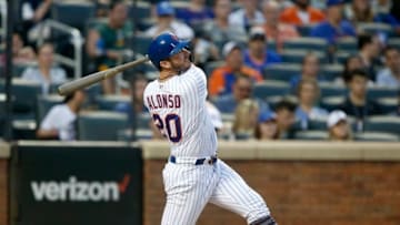 NEW YORK, NEW YORK - JULY 05: Pete Alonso #20 of the New York Mets follows through on a fourth inning home run against the Philadelphia Phillies at Citi Field on July 05, 2019 in New York City. (Photo by Jim McIsaac/Getty Images)