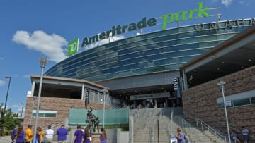 Omaha, NE - JUNE 26: Baseball fans gather outside TD Ameritrade Park prior to game one of the College World Series Championship Series, between the LSU Tigers and the Florida Gators on June 26, 2017 in Omaha, Nebraska. (Photo by Peter Aiken/Getty Images)