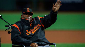 SAN FRANCISCO, CA - SEPTEMBER 29: Hall of Fame first baseman Willie McCovey of the San Francisco Giants sits on the field during the 2017 Willie Mac Award ceremony before the game against the San Diego Padres at AT&T Park on September 29, 2017 in San Francisco, California. The San Francisco Giants defeated the San Diego Padres 8-0. (Photo by Jason O. Watson/Getty Images)
