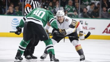 DALLAS, TX - DECEMBER 9: Cody Eakin #21 of the Vegas Golden Knights readies for a face off against Jason Spezza #90 of the Dallas Stars at the American Airlines Center on December 9, 2017 in Dallas, Texas. (Photo by Glenn James/NHLI via Getty Images)