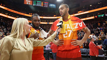 SALT LAKE CITY, UT - NOVEMBER 9: Jae Crowder #99 and Rudy Gobert #27 of the Utah Jazz speak to the media after the game against the Boston Celtics on November 9, 2018 at Vivint Smart Home Arena in Salt Lake City, Utah. Copyright 2018 NBAE (Photo by Melissa Majchrzak/NBAE via Getty Images)