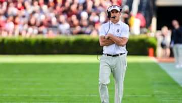 Oct 14, 2023; Columbia, South Carolina, USA; South Carolina Gamecocks head coach Shane Beamer directs his team against the Florida Gators in the second quarter at Williams-Brice Stadium. Mandatory Credit: Jeff Blake-USA TODAY Sports