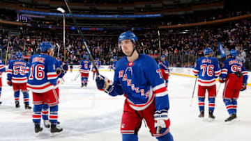 NEW YORK, NY - JANUARY 31: Filip Chytil #72 and the New York Rangers celebrate after defeating the Detroit Red Wings at Madison Square Garden on January 31, 2020 in New York City. (Photo by Jared Silber/NHLI via Getty Images)