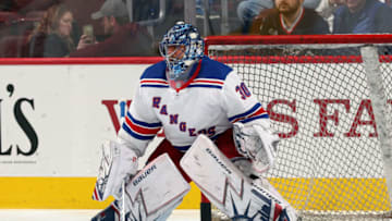 PHILADELPHIA, PA - APRIL 07: Henrik Lundqvist #30 of the New York Rangers warms up against the Philadelphia Flyers on April 7, 2018 at the Wells Fargo Center in Philadelphia, Pennsylvania. (Photo by Len Redkoles/NHLI via Getty Images)