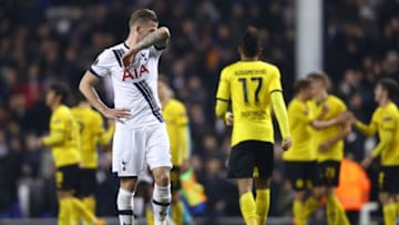 LONDON, ENGLAND - MARCH 17: Toby Alderweireld of Tottenham Hotspur reacts after defeat in the UEFA Europa League round of 16, second leg match between Tottenham Hotspur and Borussia Dortmund at White Hart Lane on March 17, 2016 in London, England. (Photo by Paul Gilham/Getty Images)