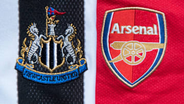 MANCHESTER, ENGLAND - MAY 14: The Newcastle United and Arsenal club crests on their first team home shirts on May 14, 2020 in Manchester, England. (Photo by Visionhaus)