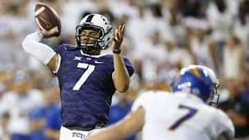 Sep 3, 2016; Fort Worth, TX, USA; TCU Horned Frogs quarterback Kenny Hill (7) sets to pass against the South Dakota State Jackrabbits during the first half on an NCAA football game at Amon G. Carter Stadium. Mandatory Credit: Jim Cowsert-USA TODAY Sports