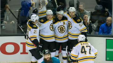Mar 15, 2016; San Jose, CA, USA; Boston Bruins center David Krejci (46) celebrates scoring against the San Jose Sharks in the first period at SAP Center at San Jose. Mandatory Credit: John Hefti-USA TODAY Sports.