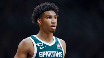 INDIANAPOLIS, IN - NOVEMBER 17: Jaden Akins #3 of the Michigan State Spartans is seen during the game against the Butler Bulldogs at Hinkle Fieldhouse on November 17, 2021 in Indianapolis, Indiana. (Photo by Michael Hickey/Getty Images)