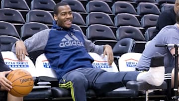 Jan 2, 2016; Salt Lake City, UT, USA; Utah Jazz guard Alec Burks (10) sits courtside during warm-ups prior to the game against the Memphis Grizzlies at Vivint Smart Home Arena. Mandatory Credit: Russ Isabella-USA TODAY Sports