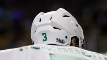 BOSTON, MA - MARCH 30: The NHL 100 logo on the helmet of Dallas Stars defenseman John Klingberg (3) during a regular season NHL game between the Boston Bruins and the Dallas Stars on March 30, 2017, at TD Garden in Boston, Massachusetts. The Bruins defeated the Stars 2-0. (Photo by Fred Kfoury III/Icon Sportswire via Getty Images)