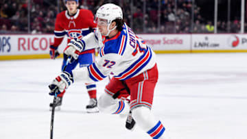 Feb 27, 2020; Montreal, Quebec, CAN; New York Rangers forward Filip Chytil (72) takes a shot on net during the first period of the game against the Montreal Canadiens at the Bell Centre. Mandatory Credit: Eric Bolte-USA TODAY Sports