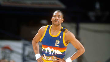 LANDOVER, MD - CIRCA 1989: Alex English #2 of the Denver Nuggets looks on against the Washington Bullets during an NBA basketball game circa 1989 at the Capital Centre in Landover, Maryland. English played for the Nuggets from 1980-90. (Photo by Focus on Sport/Getty Images)