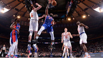 NEW YORK, NY - APRIL 10: Andre Drummond #0 of the Detroit Pistons dunks the ball against the New York Knicks on April 10, 2019 at Madison Square Garden in New York City, New York. NOTE TO USER: User expressly acknowledges and agrees that, by downloading and/or using this photograph, user is consenting to the terms and conditions of the Getty Images License Agreement. Mandatory Copyright Notice: Copyright 2019 NBAE (Photo by Brian Babineau/NBAE via Getty Images)