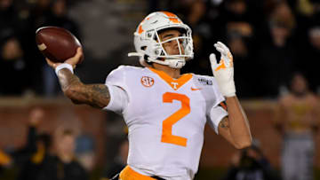 COLUMBIA, MISSOURI - NOVEMBER 23: Quarterback Jarrett Guarantano #2 of the Tennessee Volunteers passes against the Missouri Tigers in the first quarter at Faurot Field/Memorial Stadium on November 23, 2019 in Columbia, Missouri. (Photo by Ed Zurga/Getty Images)