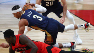 New Orleans Pelicans guard Josh Hart (3) gets the loose ball from Toronto Raptors forward Pascal Siakam Credit: Kim Klement-USA TODAY Sports