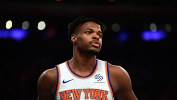 NEW YORK, NEW YORK - OCTOBER 26: Dennis Smith Jr. #5 of the New York Knicks looks on during their game against the Boston Celtics at Madison Square Garden on October 26, 2019 in New York City. NOTE TO USER: User expressly acknowledges and agrees that, by downloading and or using this photograph, User is consenting to the terms and conditions of the Getty Images License Agreement. (Photo by Emilee Chinn/Getty Images)