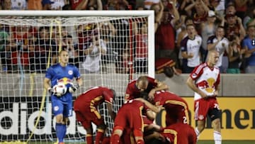 Jun 22, 2016; Sandy, UT, USA; Real Salt Lake celebrate after a second half goal by midfielder Jordan Allen (70) against the New York Red Bulls at Rio Tinto Stadium. Mandatory Credit: Jeff Swinger-USA TODAY Sports