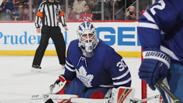 Michael Hutchinson #30 of the Toronto Maple Leafs skate against the New Jersey Devils at the Prudential Center. (Photo by Bruce Bennett/Getty Images)