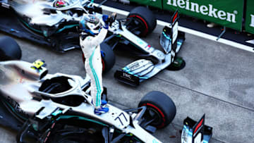 SUZUKA, JAPAN - OCTOBER 13: Race winner Valtteri Bottas of Finland and Mercedes GP celebrates in parc ferme during the F1 Grand Prix of Japan at Suzuka Circuit on October 13, 2019 in Suzuka, Japan. (Photo by Mark Thompson/Getty Images)