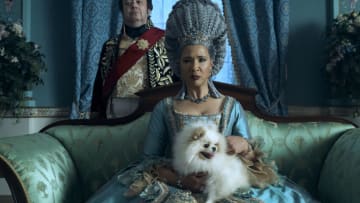 Queen Charlotte: A Bridgerton Story. (L to R) Hugh Sachs as Brimsley, Golda Rosheuvel as Queen Charlotte in episode 102 of Queen Charlotte: A Bridgerton Story. Cr. Liam Daniel/Netflix © 2023